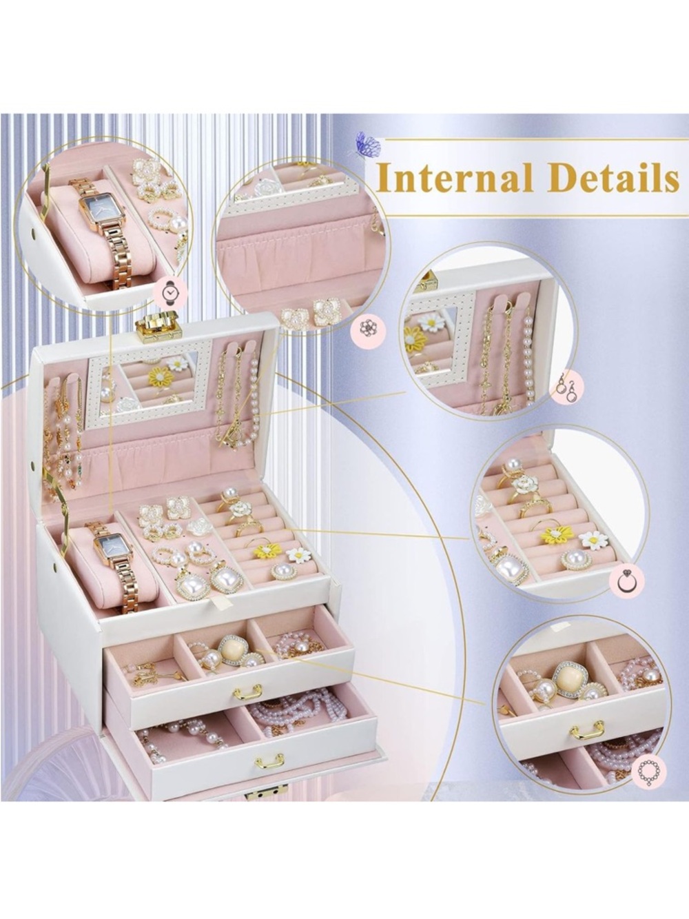 Pretty Comy Jewelry Box Organizer w/ Mirror 3 Layer Travel Case NEW - Picture 4 of 7